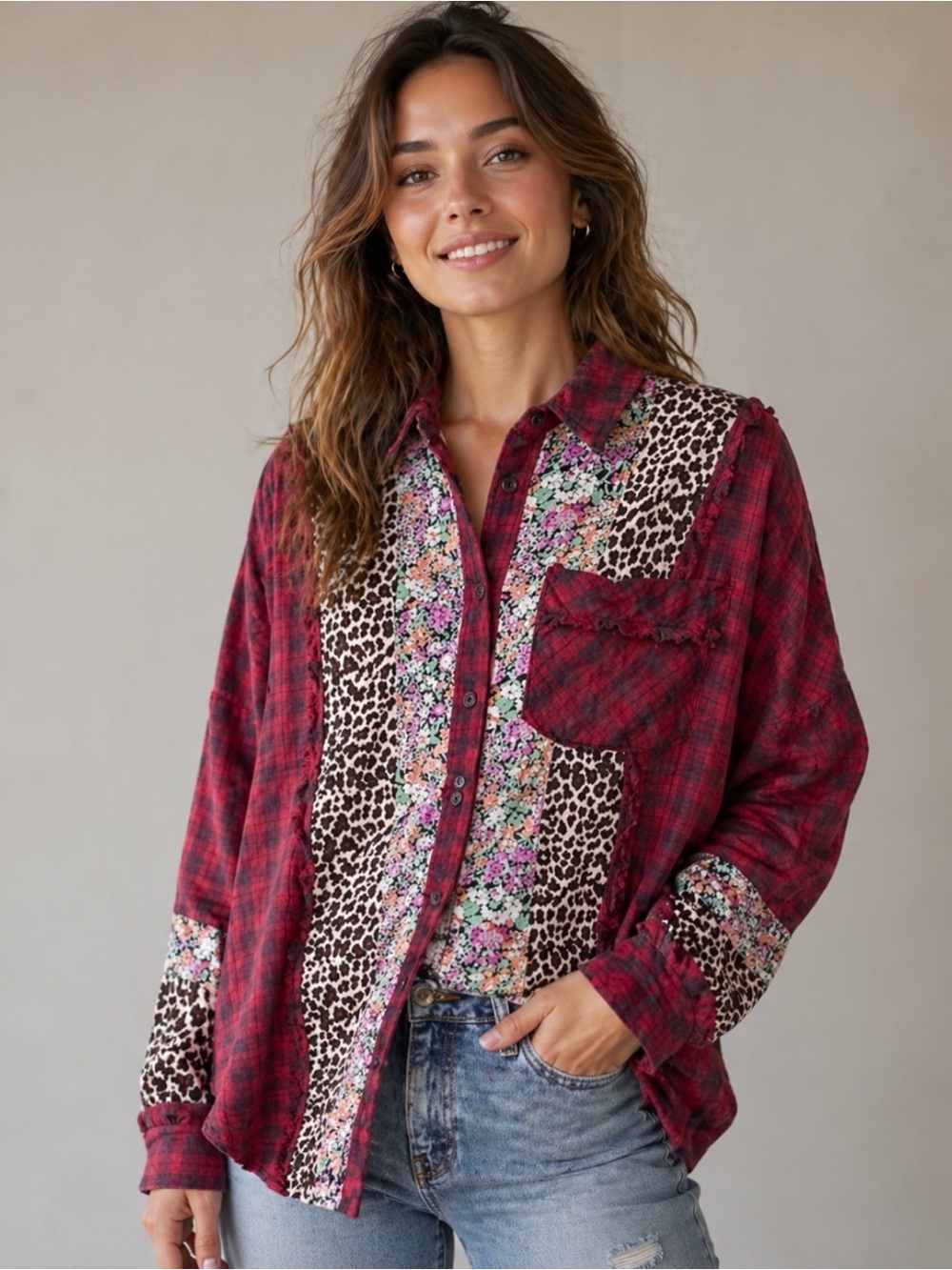 Oddy Womens Small Red Plaid Floral Animal Print Blouse